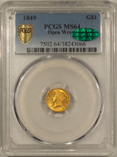 $1 1849 $1 GOLD DOLLAR OPEN WREATH – PCGS MS-64, FRESH, LUSTROUS! PQ! CAC APPROVED!