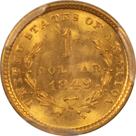 $1 1849 $1 GOLD DOLLAR OPEN WREATH – PCGS MS-64, FRESH, LUSTROUS! PQ! CAC APPROVED!