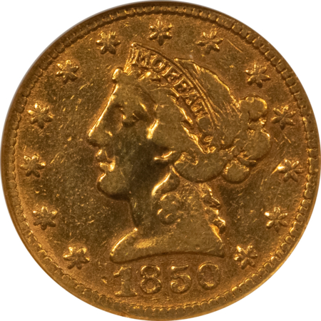 $5 1850 $5 MOFFAT & CO CALIFORNIA TERRITORIAL GOLD – ANACS FINE DETAILS, REPAIRED