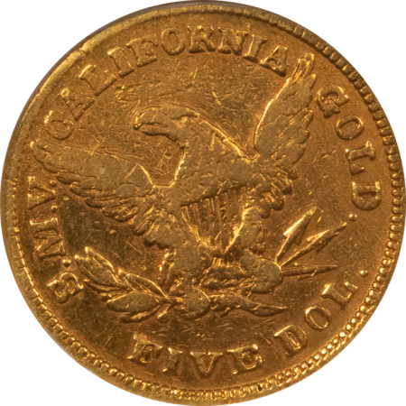 $5 1850 $5 MOFFAT & CO CALIFORNIA TERRITORIAL GOLD – ANACS FINE DETAILS, REPAIRED