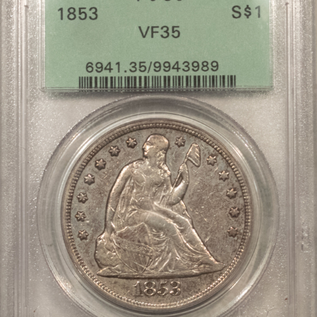 Dollars 1853 LIBERTY SEATED DOLLAR – PCGS VF-35, OGH, RARE DATE, LOOKS BETTER, NEAT!