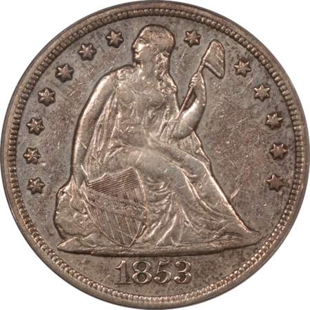 Dollars 1853 LIBERTY SEATED DOLLAR – PCGS VF-35, OGH, RARE DATE, LOOKS BETTER, NEAT!