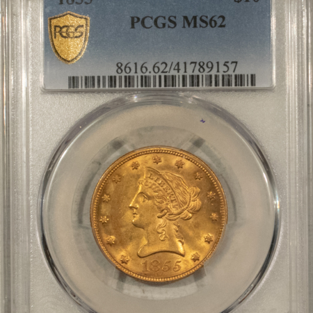 $10 1855 NO MOTTO $10 LIBERTY GOLD EAGLE – PCGS MS-62 SUPER LUSTROUS, FRESH! SCARCE!