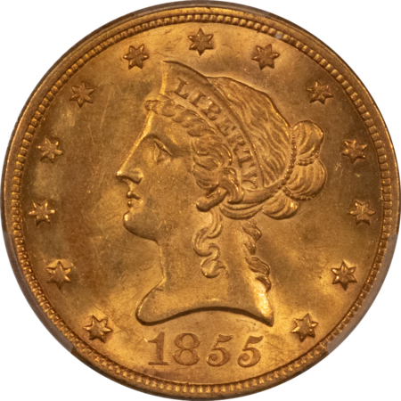 $10 1855 NO MOTTO $10 LIBERTY GOLD EAGLE – PCGS MS-62 SUPER LUSTROUS, FRESH! SCARCE!
