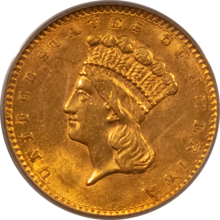 $1 1856 $1 GOLD DOLLAR, SLANTED 5 – PCGS MS-62, FRESH & LUSTROUS!
