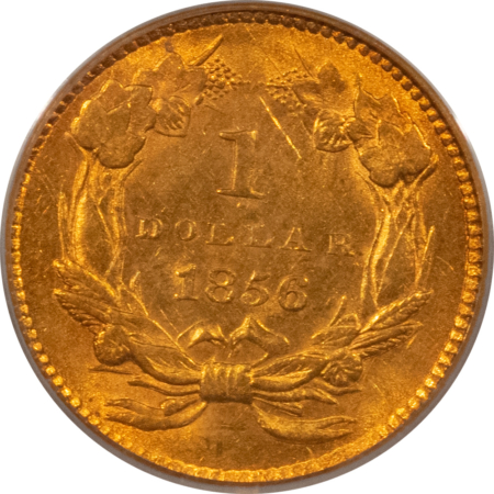 $1 1856 $1 GOLD DOLLAR, SLANTED 5 – PCGS MS-62, FRESH & LUSTROUS!