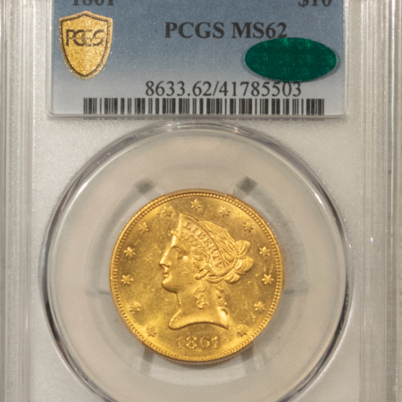$10 1861 NO MOTTO $10 LIBERTY GOLD EAGLE – PCGS MS-62 CAC, RARE CIVIL WAR DATE PQ++!