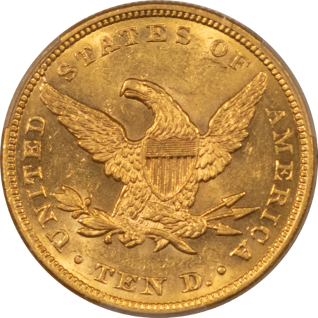 $10 1861 NO MOTTO $10 LIBERTY GOLD EAGLE – PCGS MS-62 CAC, RARE CIVIL WAR DATE PQ++!