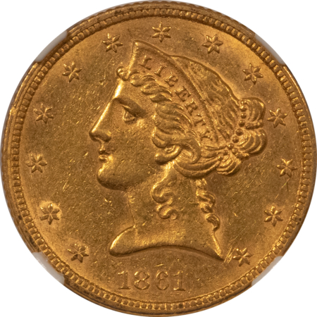 $5 1861 $5 LIBERTY GOLD HALF EAGLE – NGC AU-58, NO MOTTO, CIVIL WAR DATE!