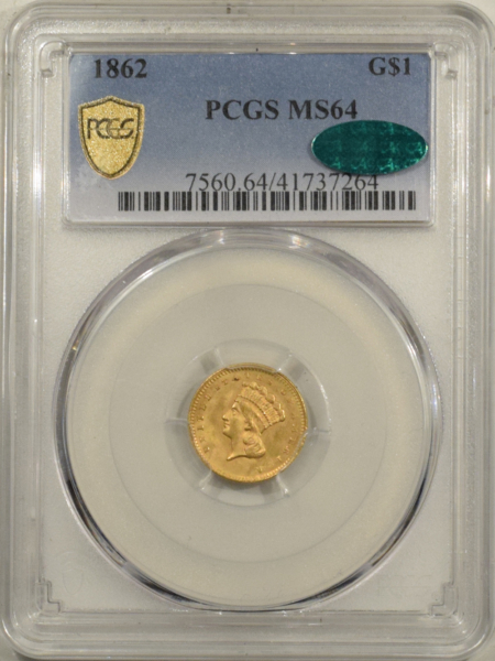$1 1862 TY 3 $1 GOLD DOLLAR – PCGS MS-64 CAC, CREAMY LUSTROUS CIVIL WAR DATE, PQ!