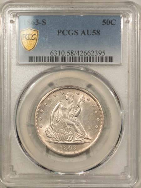 Liberty Seated Dollars 1863-S SEATED LIBERTY HALF DOLLAR PCGS AU-58