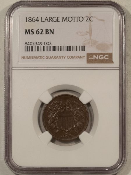 New Certified Coins 1864 LARGE MOTTO TWO CENT PIECE – NGC MS-62 BN, SMOOTH! CHOICE!