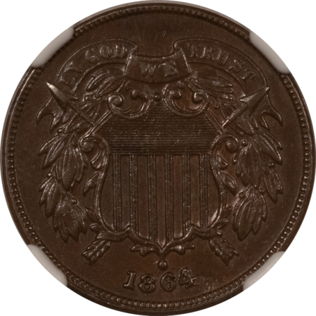 New Certified Coins 1864 LARGE MOTTO TWO CENT PIECE – NGC MS-62 BN, SMOOTH! CHOICE!