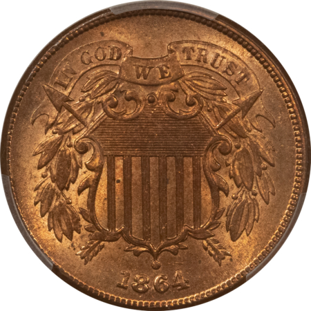 CAC Approved Coins 1864 TWO CENT PIECE, LARGE MOTTO – PCGS MS-64+ RB CAC APPROVED, PQ, NEAR GEM RED