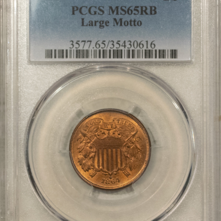 New Certified Coins 1864 TWO CENT PIECE, LARGE MOTTO – PCGS MS-65 RB, FRESH GEM & VIRTUALLY FULL RED