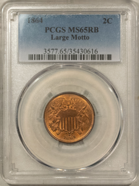 New Certified Coins 1864 TWO CENT PIECE, LARGE MOTTO – PCGS MS-65 RB, FRESH GEM & VIRTUALLY FULL RED