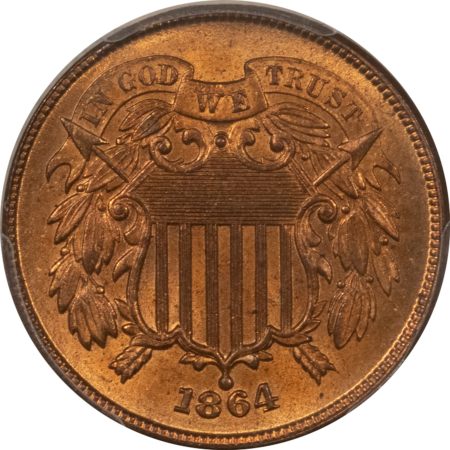 New Certified Coins 1864 TWO CENT PIECE, LARGE MOTTO – PCGS MS-65 RB, FRESH GEM & VIRTUALLY FULL RED