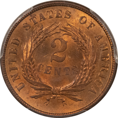 New Certified Coins 1864 TWO CENT PIECE, LARGE MOTTO – PCGS MS-65 RB, FRESH GEM & VIRTUALLY FULL RED