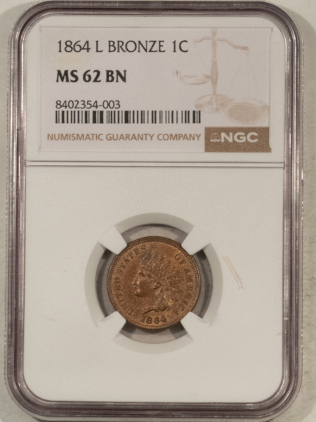 Indian 1864 L BRONZE INDIAN CENT – NGC MS-62 BN, LOOKS RB!