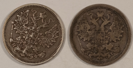New Store Items 1865 1899 RUSSIA SILVER 15 KOPEKS, LOT/2, Y-21a – PLEASING CIRCULATED EXAMPLES!