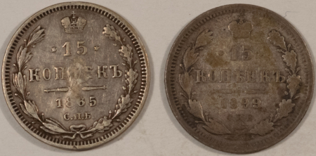 New Store Items 1865 1899 RUSSIA SILVER 15 KOPEKS, LOT/2, Y-21a – PLEASING CIRCULATED EXAMPLES!