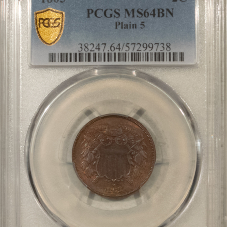 New Certified Coins 1865 TWO CENT PIECE, PLAIN 5 – PCGS MS-64 BN, LOOKS GEM! PREMIUM QUALITY!