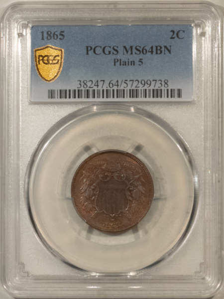 New Certified Coins 1865 TWO CENT PIECE, PLAIN 5 – PCGS MS-64 BN, LOOKS GEM! PREMIUM QUALITY!