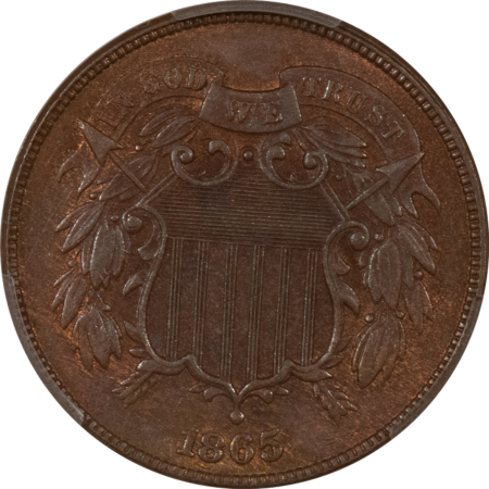 New Certified Coins 1865 TWO CENT PIECE, PLAIN 5 – PCGS MS-64 BN, LOOKS GEM! PREMIUM QUALITY!