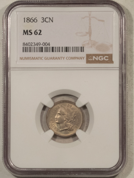 New Certified Coins 1866 THREE CENT NICKEL – NGC MS-62, LOOKS CHOICE!