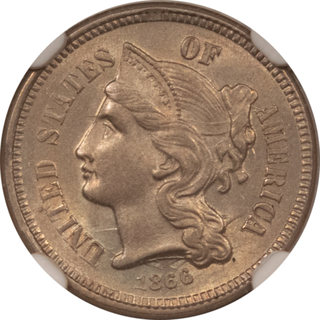 New Certified Coins 1866 THREE CENT NICKEL – NGC MS-62, LOOKS CHOICE!