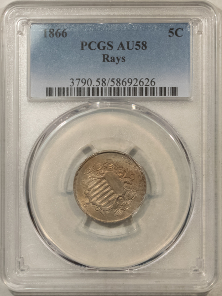 New Certified Coins 1866 SHIELD NICKEL W/ RAYS – PCGS AU-58, TOUGH!