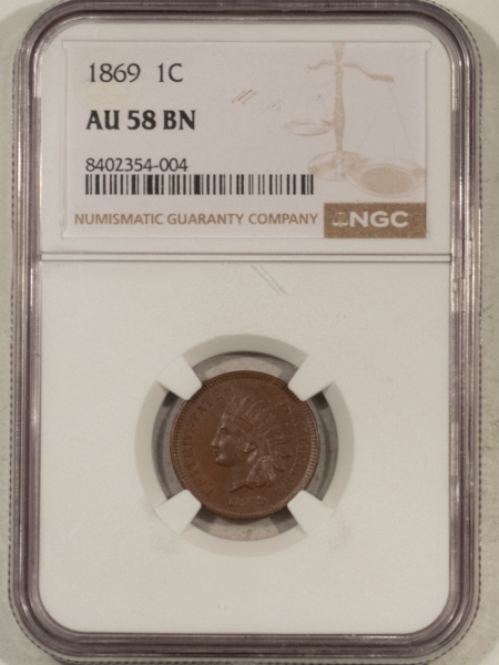 Indian 1869 INDIAN CENT – NGC AU-58 BN, SMOOTH BROWN, LOOKS UNCIRCULATED!