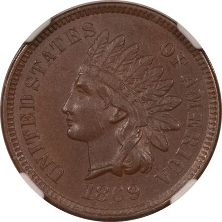 Indian 1869 INDIAN CENT – NGC AU-58 BN, SMOOTH BROWN, LOOKS UNCIRCULATED!