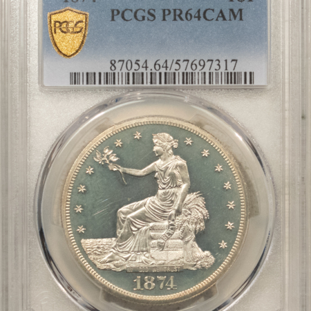 Dollars 1874 $1 PROOF TRADE DOLLAR – PCGS PR-64 CAM, CAMEO W/ GREAT CONTRAST & NICE!