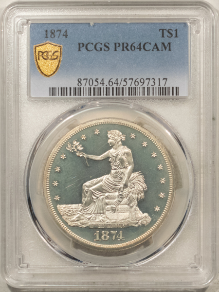 Dollars 1874 $1 PROOF TRADE DOLLAR – PCGS PR-64 CAM, CAMEO W/ GREAT CONTRAST & NICE!