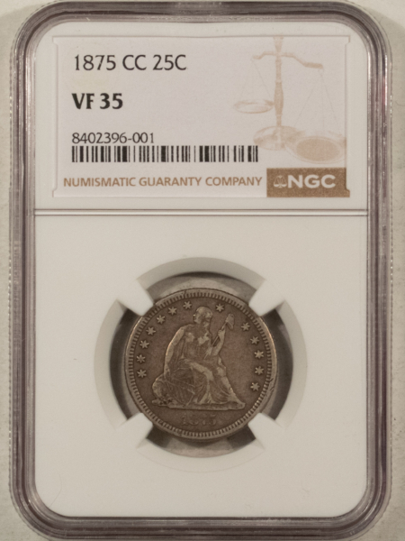 Liberty Seated Quarters 1875-CC SEATED LIBERTY QUARTER NGC VF-35, PERFECT, PREMIUM QUALITY! CARSON CITY!