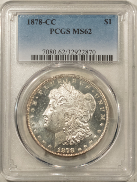 Dollars 1878-CC $1 MORGAN DOLLAR – PCGS MS-62, FLASHY WHITE CARSON CITY, SEMI PROOFLIKE