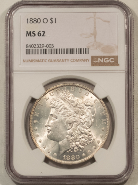 Dollars 1880-O $1 MORGAN DOLLAR – NGC MS-62, WHITE & LOOKS CHOICE!
