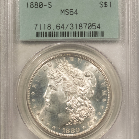 Dollars 1880-S $1 MORGAN DOLLAR – PCGS MS-64, OLD GREEN HOLDER, PRETTY COLOR! PQ++!
