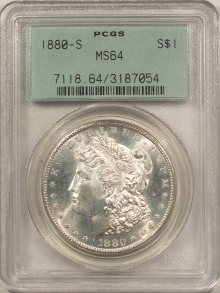 Dollars 1880-S $1 MORGAN DOLLAR – PCGS MS-64, OLD GREEN HOLDER, PRETTY COLOR! PQ++!