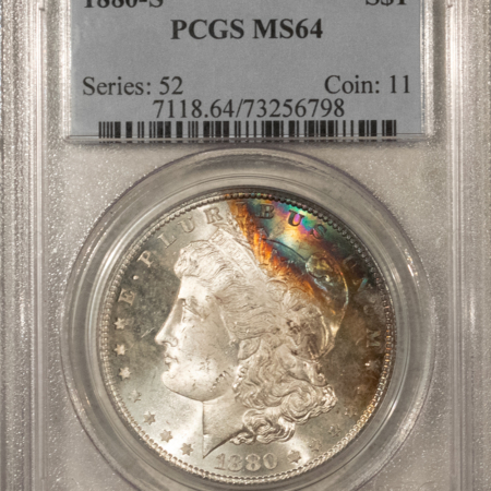 Dollars 1880-S $1 MORGAN DOLLAR – PCGS MS-64, REALLY PRETTY ARC OF RAINBOW COLOR!