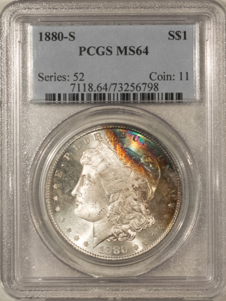 Dollars 1880-S $1 MORGAN DOLLAR – PCGS MS-64, REALLY PRETTY ARC OF RAINBOW COLOR!