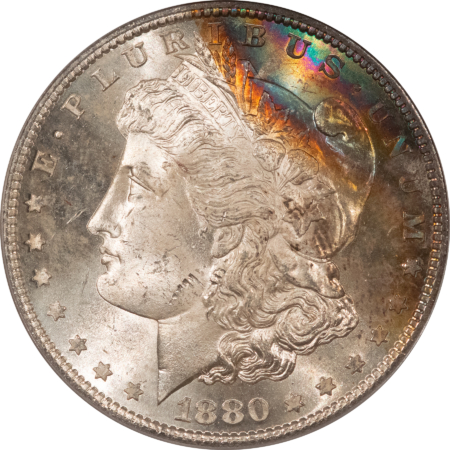 Dollars 1880-S $1 MORGAN DOLLAR – PCGS MS-64, REALLY PRETTY ARC OF RAINBOW COLOR!