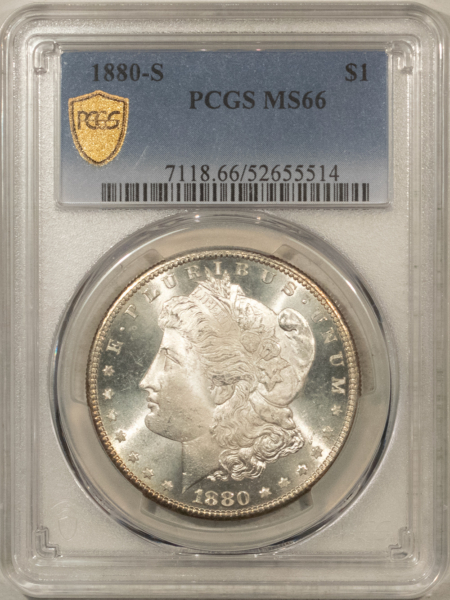 Dollars 1880-S $1 MORGAN DOLLAR – PCGS MS-66, BLAZING WHITE & SEMI-PROOFLIKE