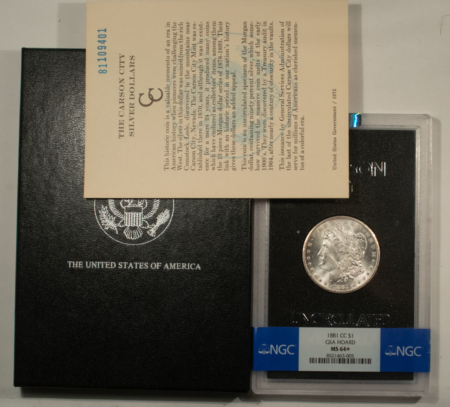 Dollars 1881-CC $1 MORGAN DOLLAR GSA WITH BOX AND CARD – NGC MS-64+ CARSON CITY!
