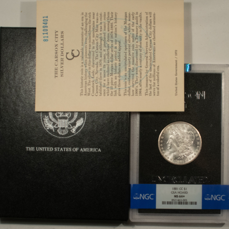 Dollars 1881-CC $1 MORGAN DOLLAR GSA WITH BOX AND CARD – NGC MS-64+ CARSON CITY!