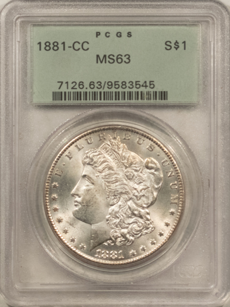 Dollars 1881-CC $1 MORGAN DOLLAR – PCGS MS-63, OGH, WHITE, PQ & NEAR GEM! CARSON CITY!