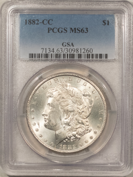 Dollars 1882-CC $1 MORGAN DOLLAR – PCGS MS-63, BLAST WHITE CARSON CITY, GSA ON HOLDER!