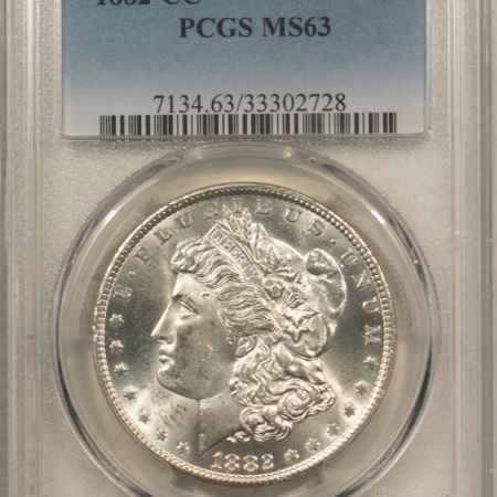Dollars 1882-CC $1 MORGAN DOLLAR – PCGS MS-63, BLAST WHITE, CARSON CITY!