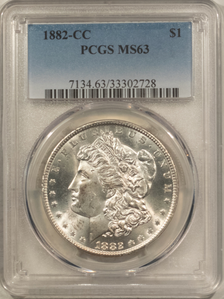 Dollars 1882-CC $1 MORGAN DOLLAR – PCGS MS-63, BLAST WHITE, CARSON CITY!